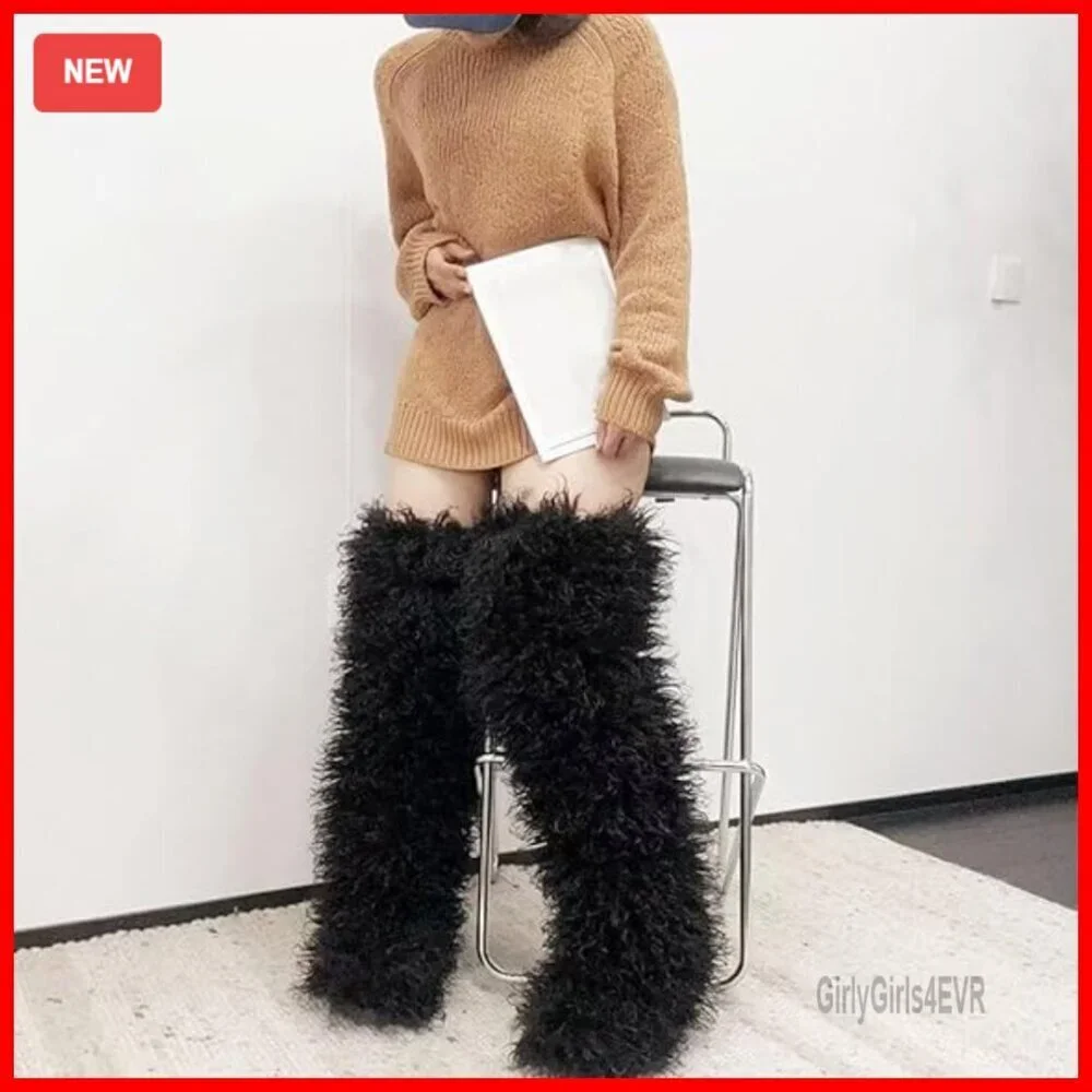 29-Inch Over-the-Knee Faux Fur Boots Flat Sole Winter Women's Shoes